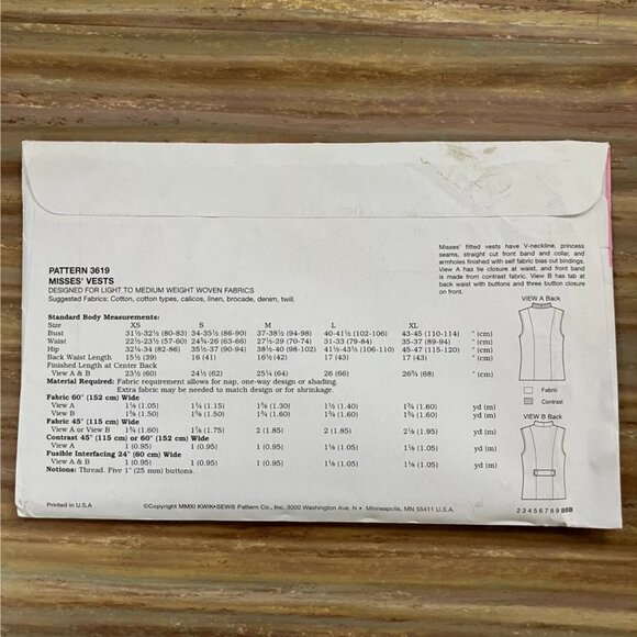 UNCUT Sewing Pattern Kwik Sew 3619 Vest Kimono Wrap Misses XS-XL - Picture 2 of 2